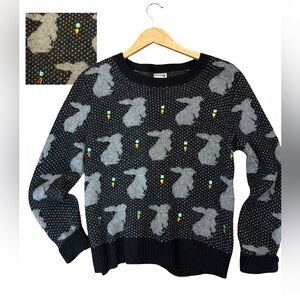 J.Crew Factory Novelty Print Bunny Sweater Black/ Gray Wool Blend Embellished